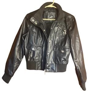 Black Faux Moto Leather Bomber Coat Large